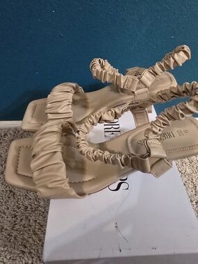 Ruched Strappy Sandals in Beige